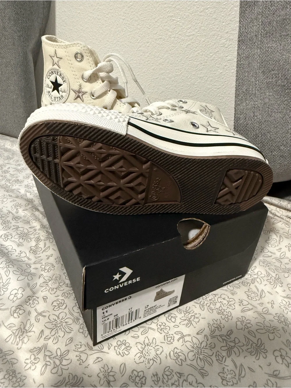Converse Kids High-Top Sneakers in Cream with Silver Star Accents